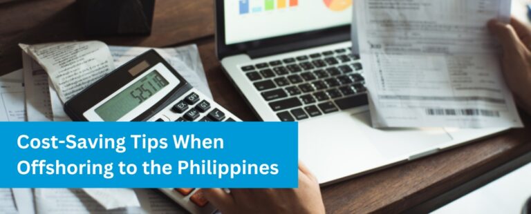 A desk setup with a laptop, calculator displaying numbers, and financial documents, highlighting cost-saving strategies for offshoring to the Philippines.