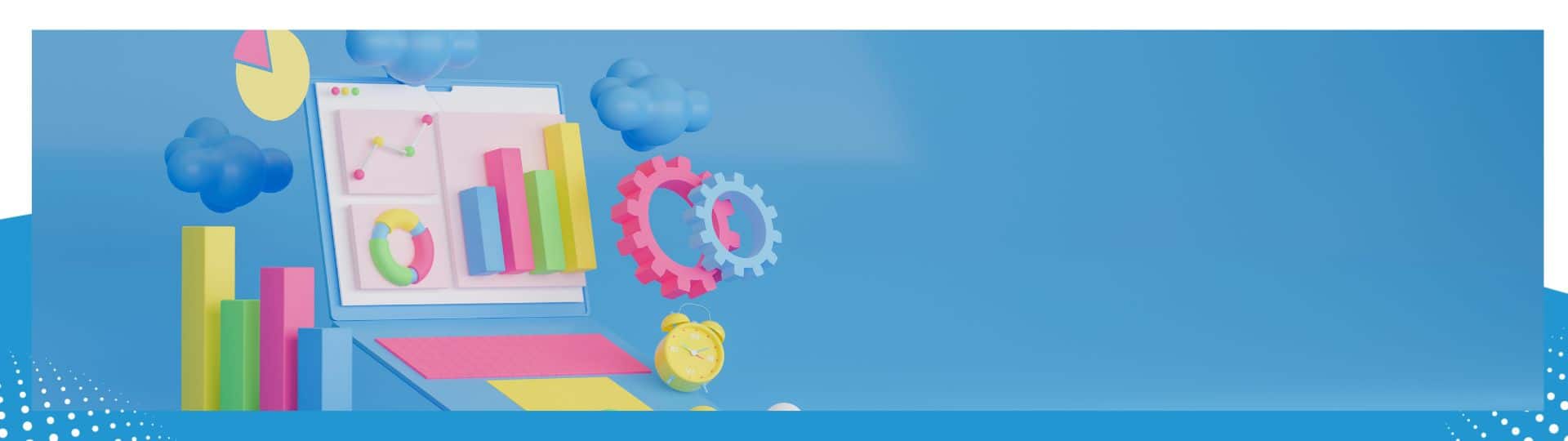 Colorful 3D illustration of data analysis elements, including bar graphs, pie charts, gears, and a clock, set against a vibrant blue background with clouds and dotted design accents.