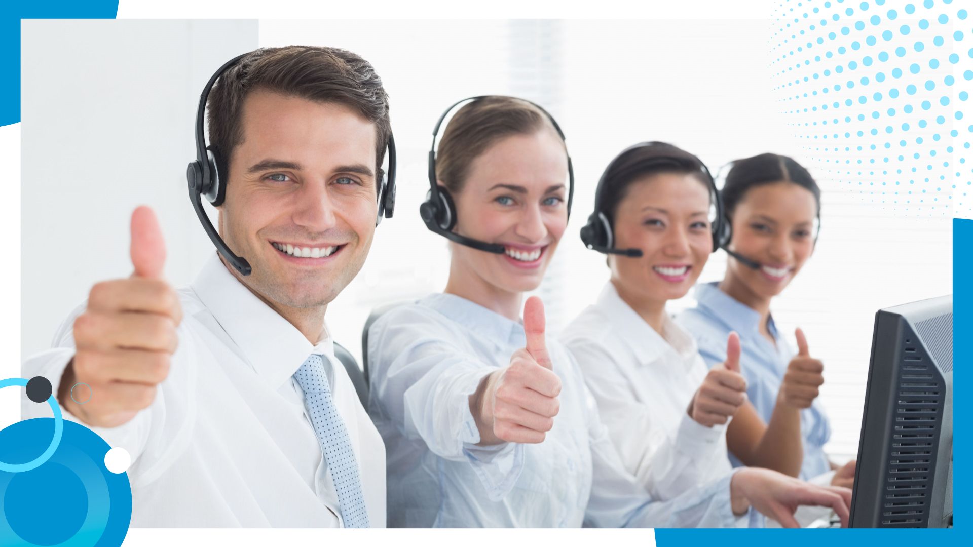 Smiling customer support team wearing headsets and giving thumbs up, symbolizing excellent service and teamwork in a professional environment.