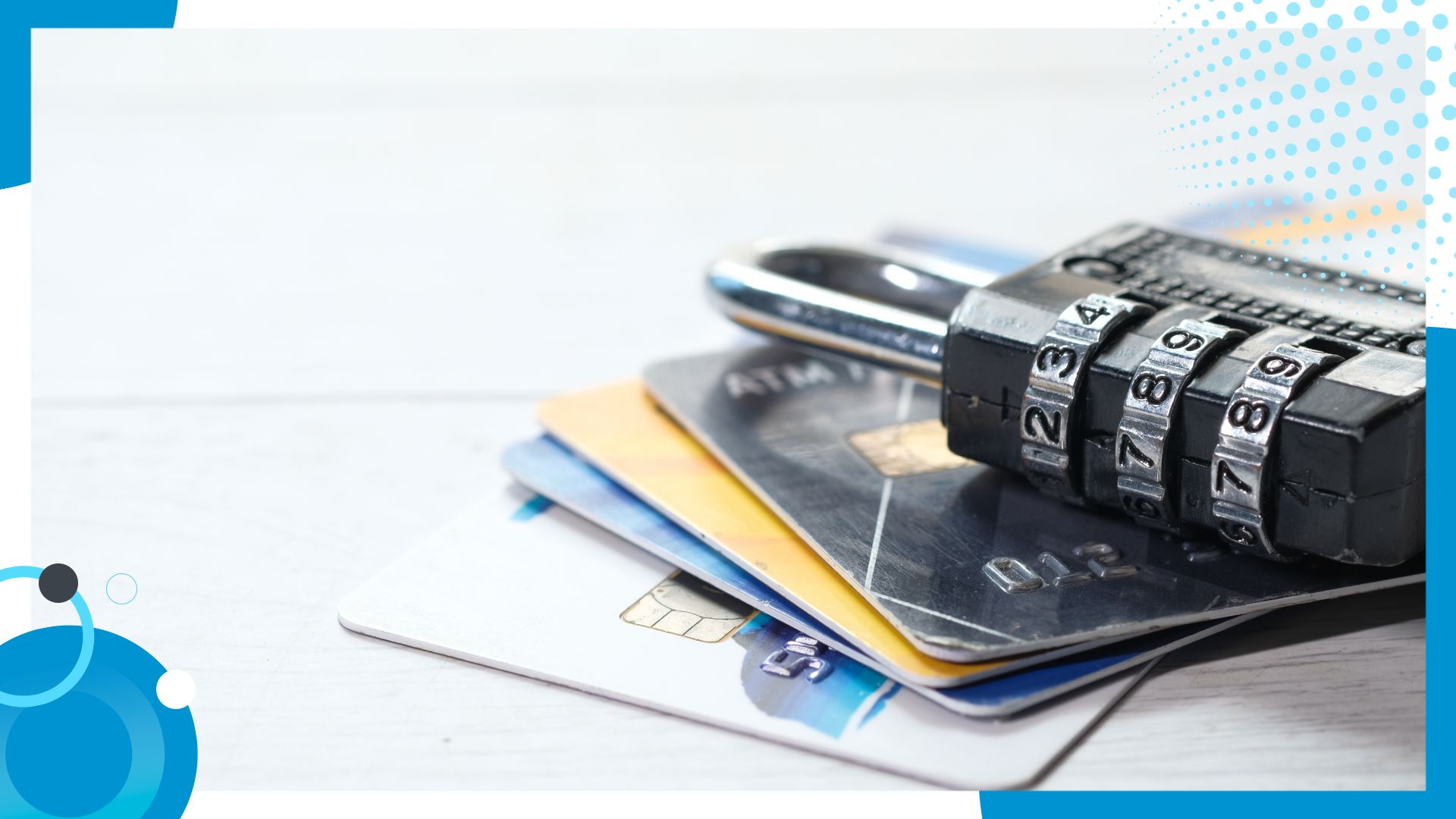 A combination padlock placed on top of a stack of credit cards, symbolizing financial security and protection of personal information