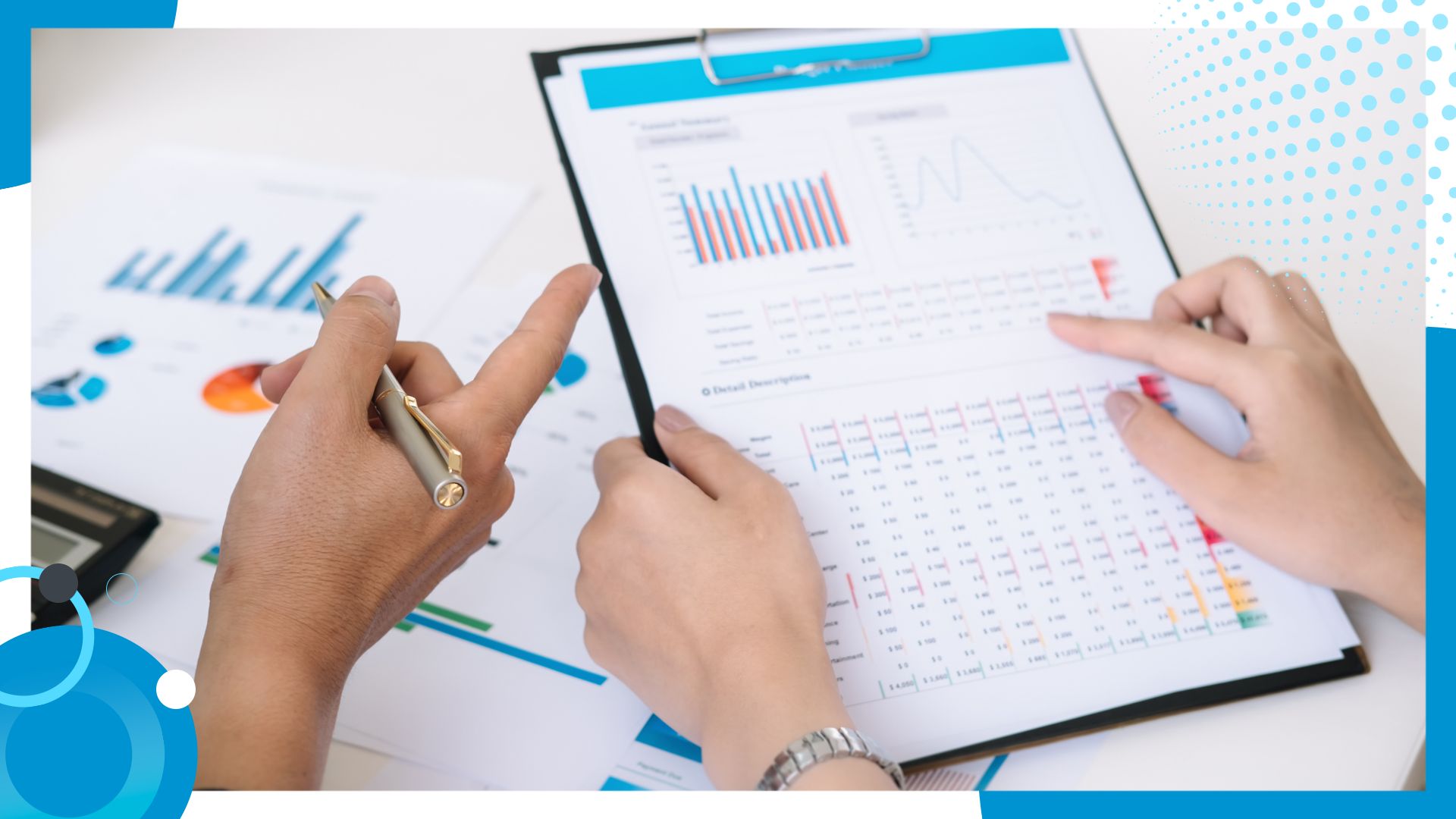 Two people analyzing charts and graphs on a clipboard, discussing data trends and performance metrics in a professional setting.