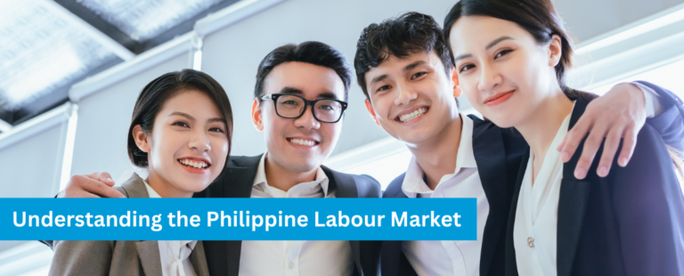 A group of four smiling professionals in formal attire with arms around each other, symbolizing teamwork and collaboration, with the text 'Understanding the Philippine Labour Market' in a blue banner.