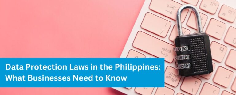 A black combination padlock resting on a pastel pink keyboard, symbolizing data security, with the text 'Data Protection Laws in the Philippines: What Businesses Need to Know' in a blue banner.