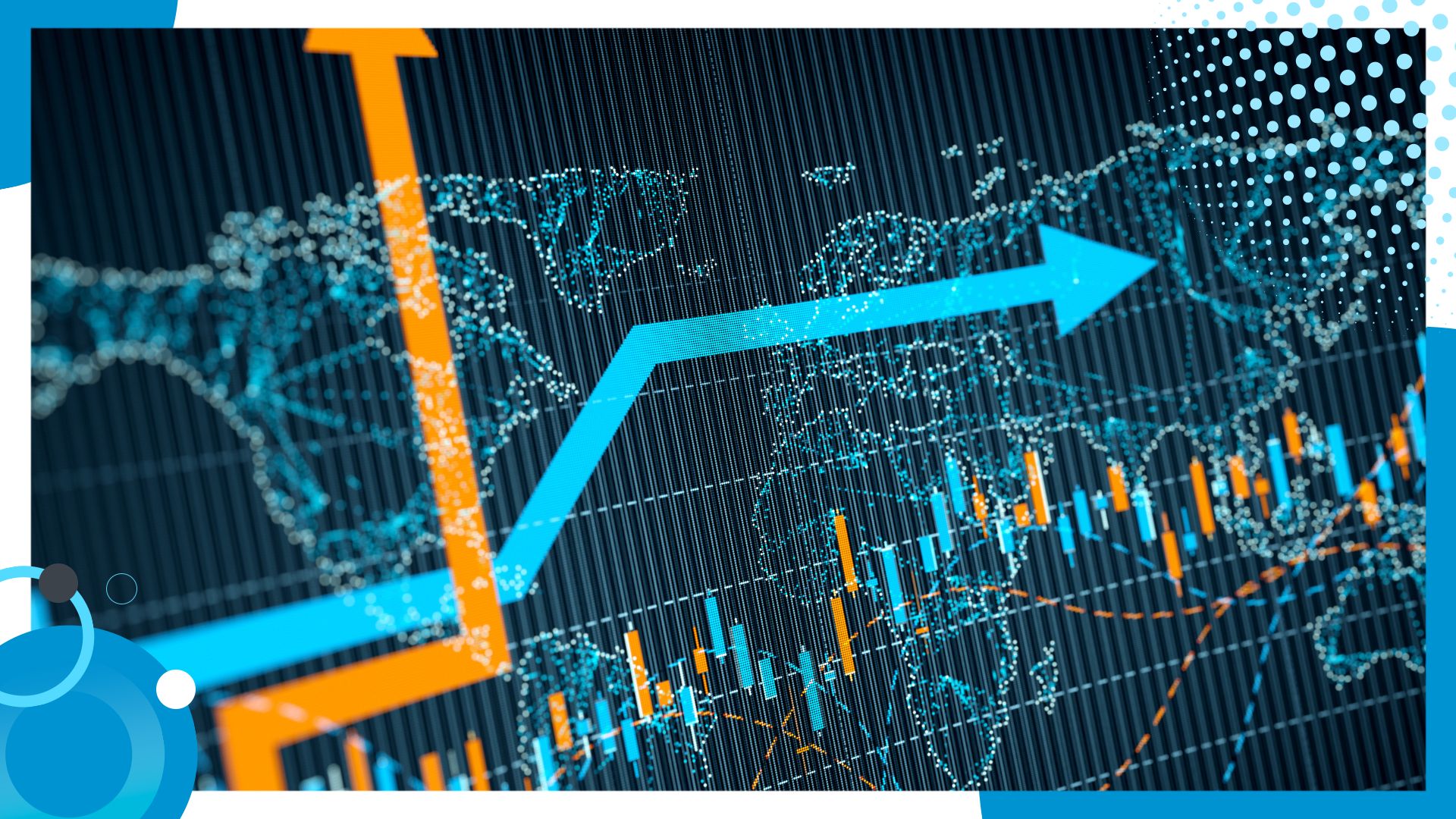 A digital graph with rising orange and blue arrows overlaying a world map, symbolising global market trends and economic growth.