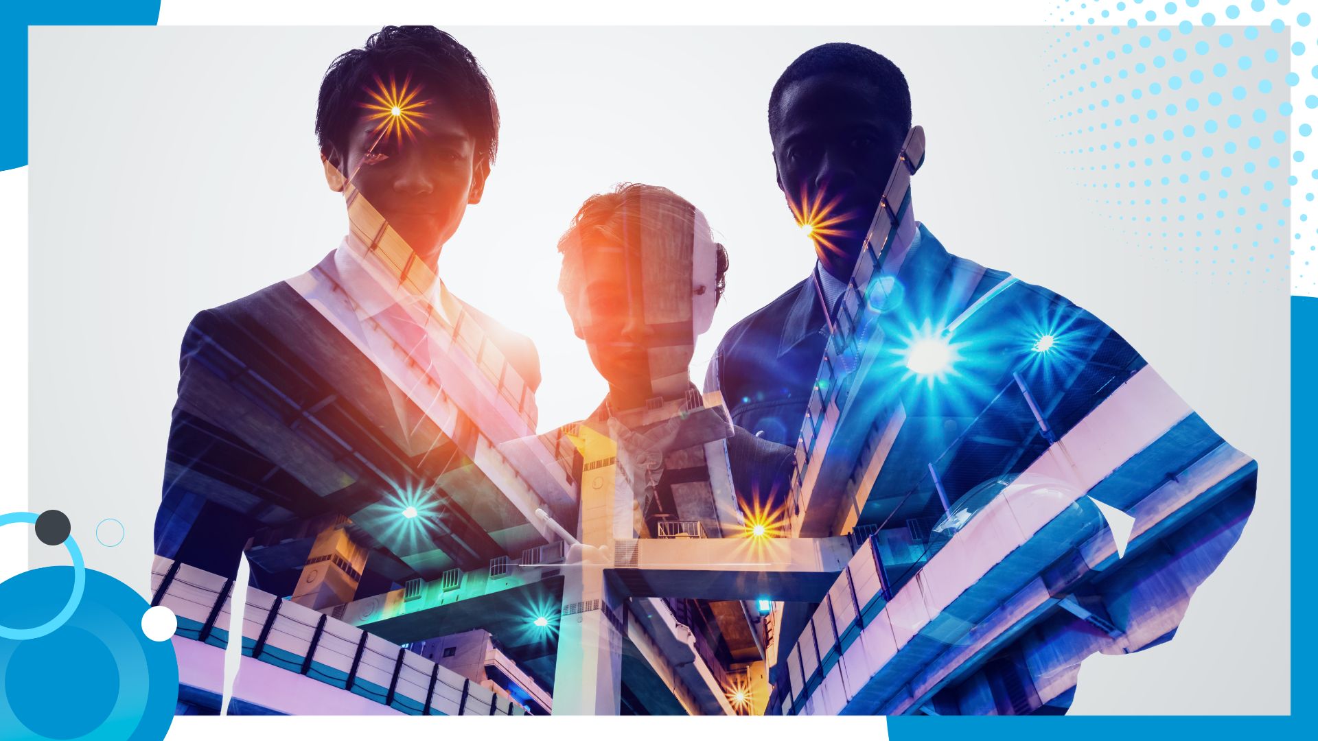 A creative double-exposure image of three professionals superimposed with a cityscape and glowing lights, symbolizing innovation, growth, and urban development.