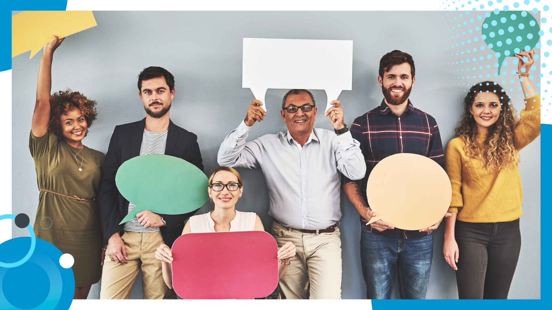 A diverse group of professionals holding speech bubbles, symbolizing the importance of open communication and employee feedback in fostering workplace collaboration.