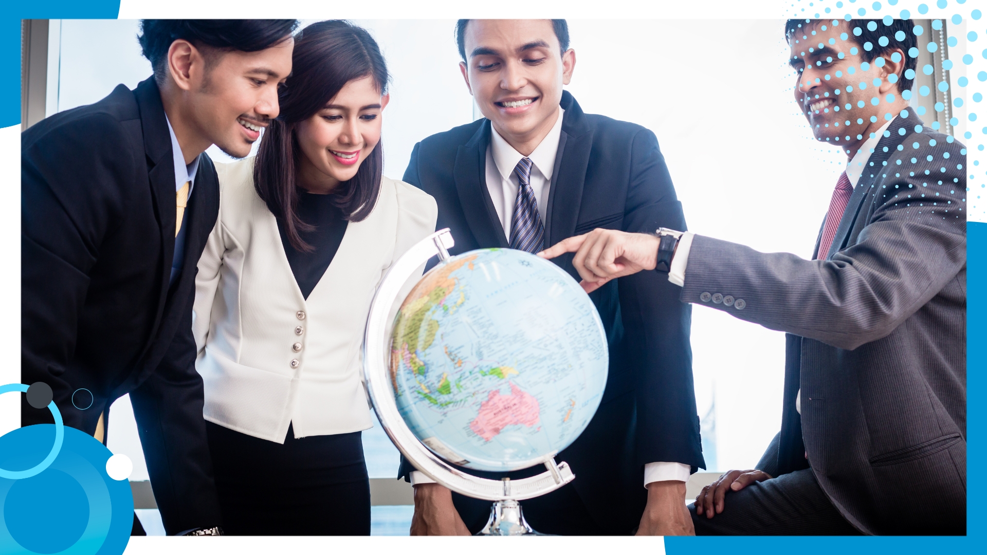 A diverse team of professionals discussing a globe, symbolizing global partnerships, cross-border collaboration, and the reach of international business strategies.