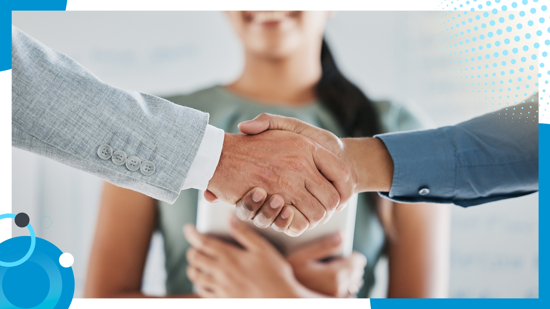 Two individuals shaking hands in a professional setting, symbolizing trust and collaboration in building successful offshore partnerships, with a blurred figure in the background.