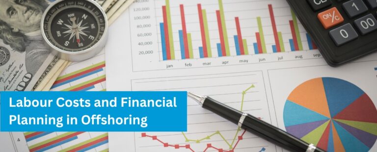 Charts and graphs highlighting labour costs and financial planning metrics, accompanied by a pen, calculator, compass, and US currency, symbolizing strategic offshoring decisions.