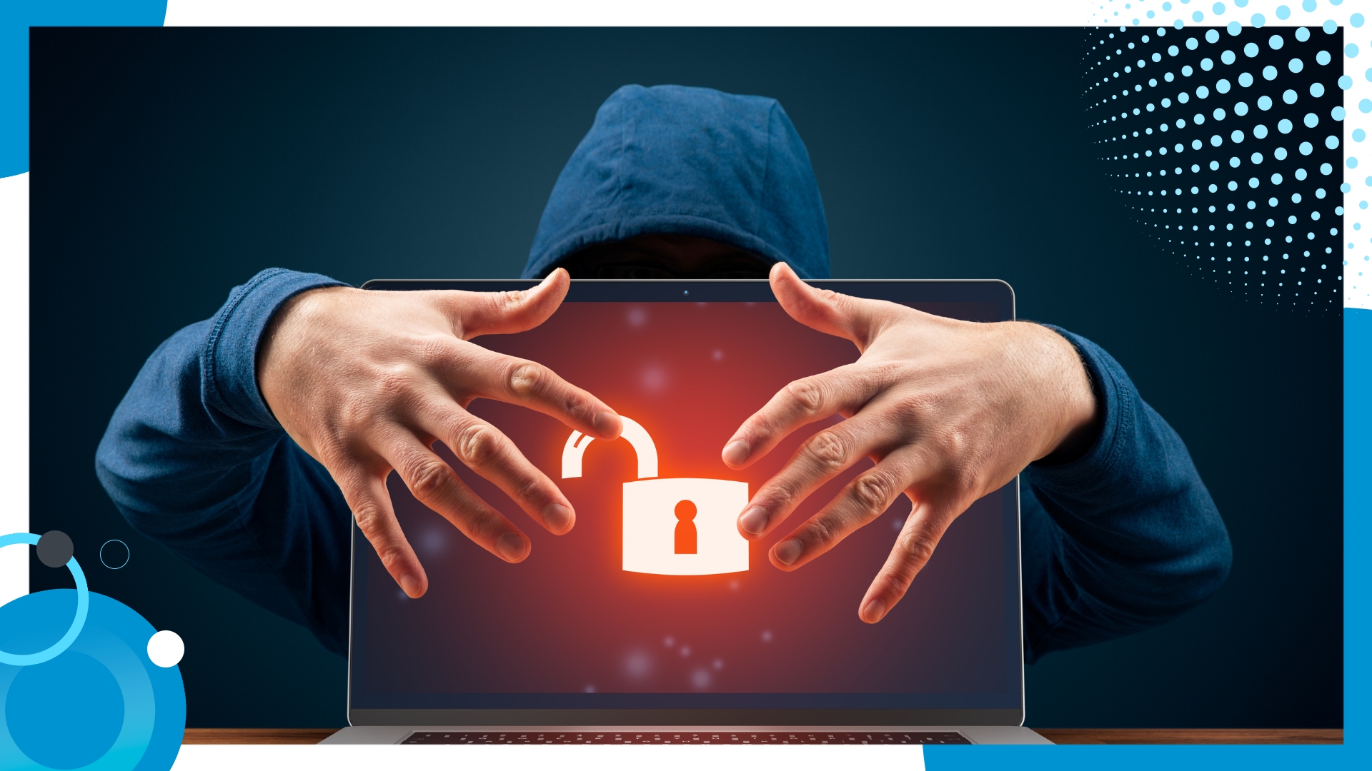 A hacker in a hoodie attempting to breach cybersecurity, symbolized by an unlocked padlock on a laptop screen.